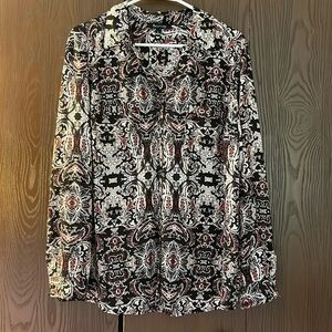 Relativity long sleeved black blouse with red, ivory design. Size Large